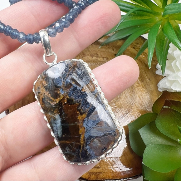 Sterling Jewelry - Rare Top Quality Pietersite Pendant Kyanite Necklace Solid Sterling Silver 925